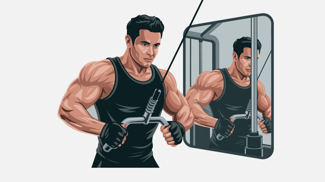 Side profile of a muscular man performing tricep pushdown exercises using a V-bar attachment on a cable machine, highlighting arm muscle engagement and dedicated gym training.