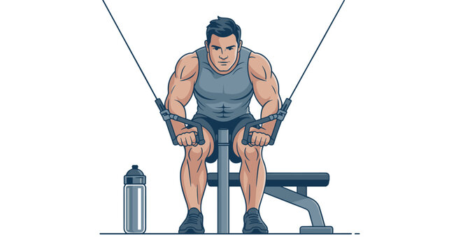 Muscular man performing seated cable chest fly exercises on a gym bench, showcasing chest muscle engagement and hydration with a water bottle during a professional workout.
