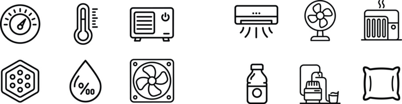 Black and white household appliance line icons, temperature control, air circulation, fan, heater, vacuum cleaner, humidity, comfort design set