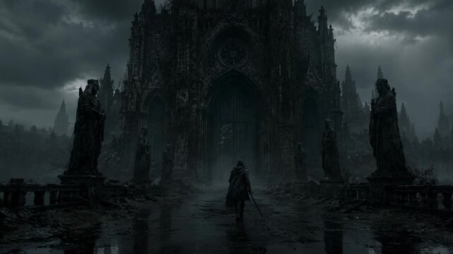 Knight walking towards the gothic cathedral. Dark fantasy setting with weathered statues on a bridge. Ancient architecture and moody atmosphere for gaming art.