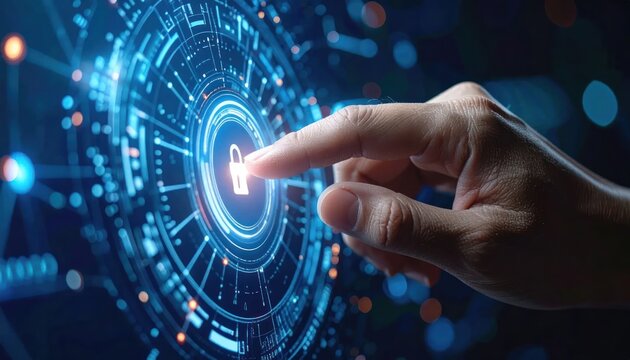A fingertip presses a glowing lock icon on a digital interface with intricate blue circles