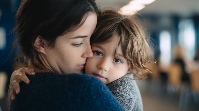 A mother and her child share a heartfelt embrace, highlighting the deep emotional bond between them. The scene radiates warmth, safety, and unconditional love in a modern family setting