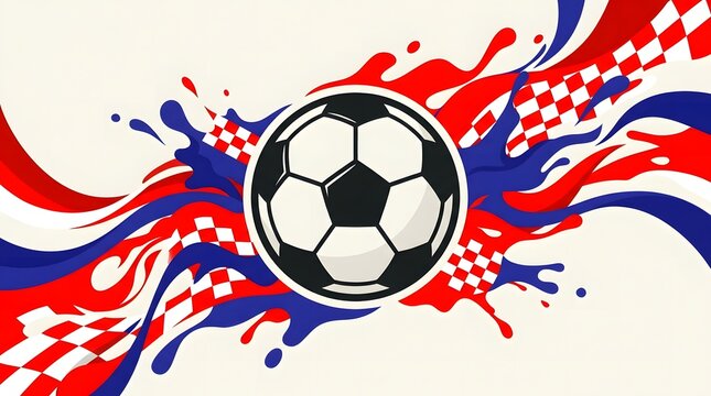 soccer ball on croatian flag waves with red white blue splash and checkered patterns