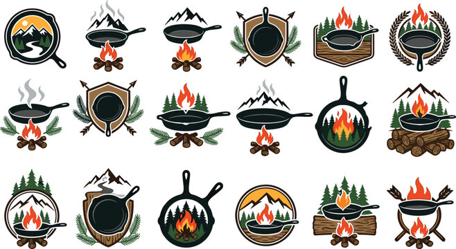 Cast iron skillet camping logos and badges set including campfire outdoor cooking mountains pine trees adventure retro vintage vector illustration