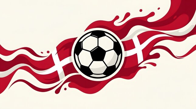 soccer ball with danish flag waves background in red white and black for sports match