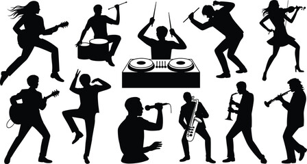 Musician silhouettes performing with instruments, guitar, drums, violin, saxophone, trumpet, clarinet, DJ turntable, singer microphone, energetic music illustration © MdShamsrAli