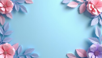 Naklejka premium Pastel paper flowers and leaves frame a light blue background. Decorative floral border with pink and purple blooms for greeting cards, invitations or web design.