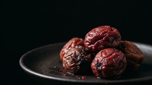 漆黒の背景に気高く際立つ日本の伝統食、梅干し。熟成された美しい紅赤色の一粒と重厚な黒皿の佇まいが、ドラマチックな陰影で格式高く映えるクローズアップポートレート