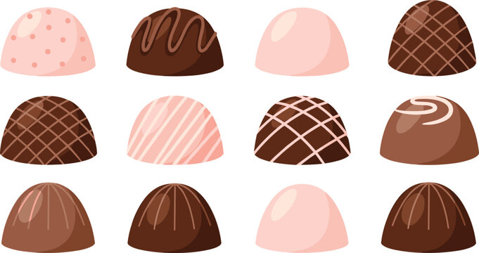 Premium chocolate truffles vector illustration set with sweet gourmet bonbons and dark pink candy pralines