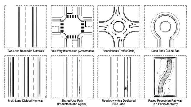 Comprehensive set of minimalist urban planning icons featuring various road layouts like intersections, roundabouts, highways, and bike lanes for civil design. PNG, Transparent Background