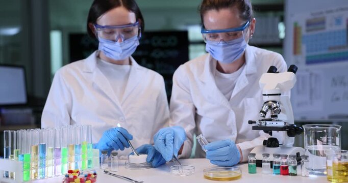 Focused chemists women test samples in glass flasks at lab workplace. Female pharmacists in masks examine new drugs formula in medical laboratory