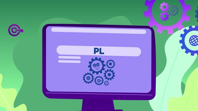A computer screen displaying the text &ldquo;PL&rdquo; and illustrations of gears