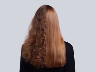 Naklejka premium Half frizzy and half straight long brown hair showing contrasting textures and shine for beauty and haircare styling background
