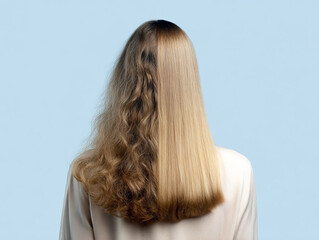 Naklejka premium Back view of hair split down the middle with one side frizzy and voluminous and the other straight shiny and smooth for beauty banner and haircare advertisement