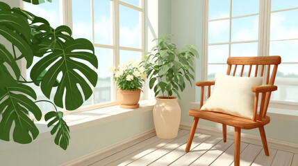 Fototapeta premium Sunlit room with wooden chair and lush indoor plants by large windows