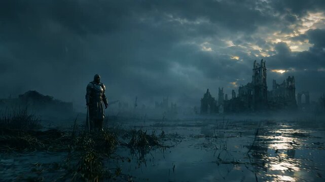 Knight in armor stands before a ruined castle in a misty swamp. Dark fantasy landscape with a warrior watching distant remnants of a gothic city at twilight.