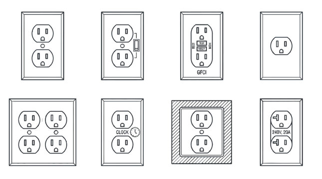 Professional vector collection of architectural electrical outlet symbols including GFCI, duplex, quad, and high voltage sockets for engineering blueprints. PNG, Transparent Background