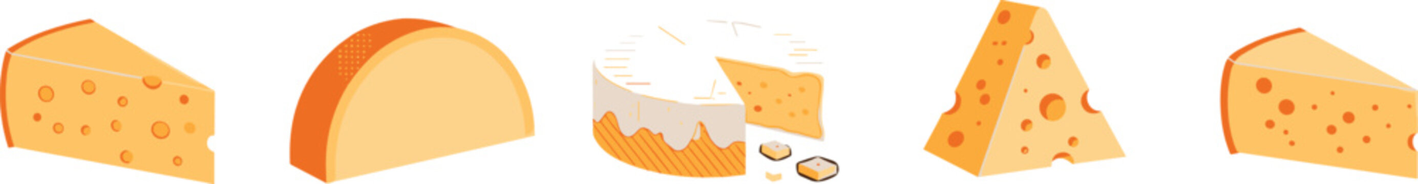 Cheese collection vector set featuring a variety of dairy products including swiss gouda cheddar parmesan and brie blocks