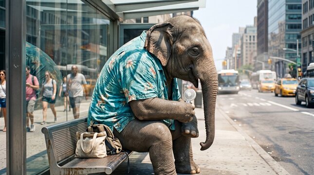 Anthropomorphic elephant wearing a shirt sitting exhausted on an urban bus stop bench. Suitable for creative global warming concepts and funny summer blogs.