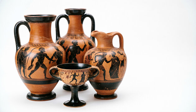 group of ancient Greek pottery vessels with classic black-figure on white