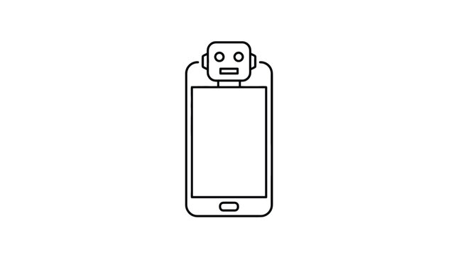 Minimalist line icon of an artificial intelligence robot chatbot assistant integrated inside a modern smartphone mobile touch screen outline illustration