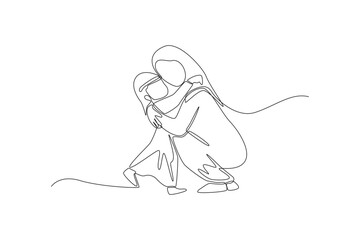 Fototapeta premium A gentle single line drawing of human subjects featuring an Arabian mother in a hijab squatting down to hold and embrace her young son in a warm affectionate hug, isolated on a white background.