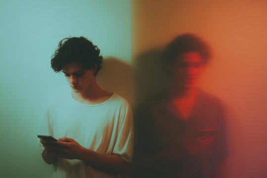 Portrait of an anxious teen looking at a smartphone with a blurred red shadow split composition for mental health background and awareness poster