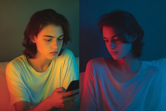 Split portrait of a teen with a phone showing anxious warm lighting on one side and calm blue lighting on the other for mental health awareness background