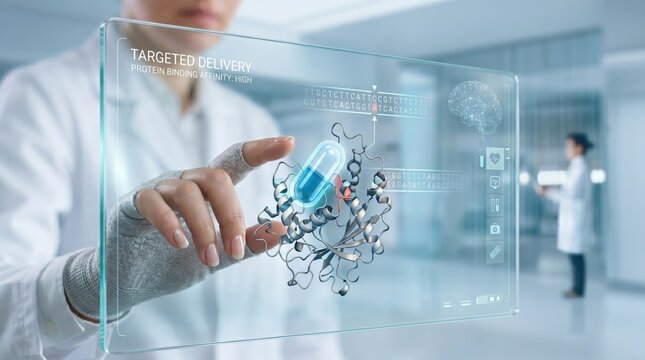Scientist analyzing targeted drug delivery system, protein binding affinity, molecular structure on holographic screen, pharmaceutical research, biotechnology, medical innovation