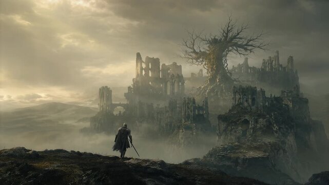 Knight walking towards ruined castle with ancient dead tree. Fantasy landscape with mist and dramatic light. Concept of dark epic adventure in photorealistic style.
