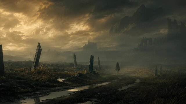 Knight riding horse through dark fantasy landscape. Mysterious journey in ruined kingdom with moody sky. Realistic atmospheric adventure in cinematic epic setting.
