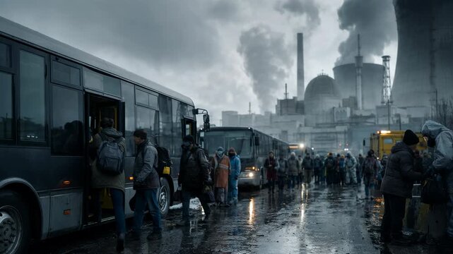 People boarding bus near nuclear power plant disaster site. Evacuation of woman and man from industrial accident area. Environmental catastrophe and crisis scene.