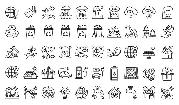 Ecology and Environmental Protection Line Icons Set with Renewable Energy and Climate Action Symbols