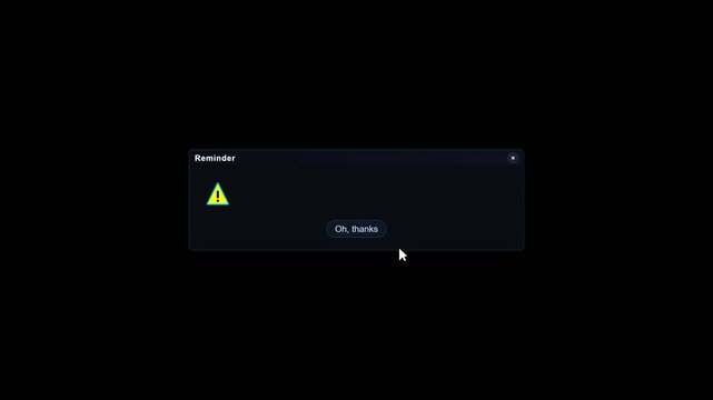 Dark System Warning Popup Notification Animation on Computer Interface
