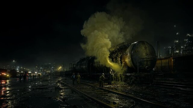 Firefighter crew responding to toxic chemical leak from damaged rail tanker at night. Industrial accident with yellow gas release and emergency rescue effort.