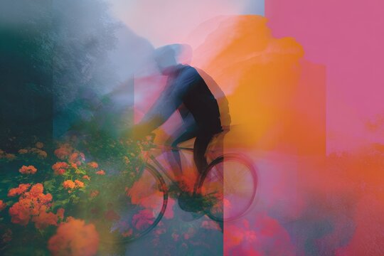 Cyclist riding through two contrasting worlds duality background with floral and neon color overlays for poster and wallpaper design
