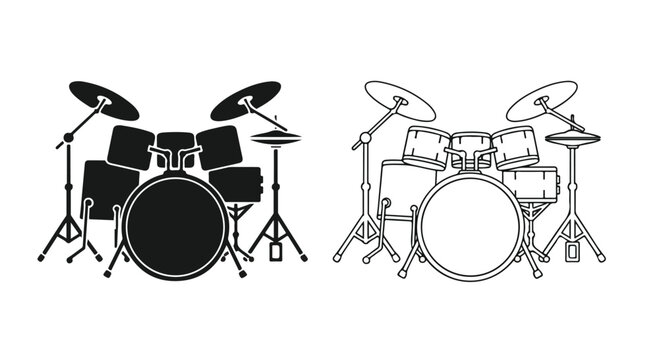 Black and white image of a modern drum set with cymbals and drumsticks on a plain background