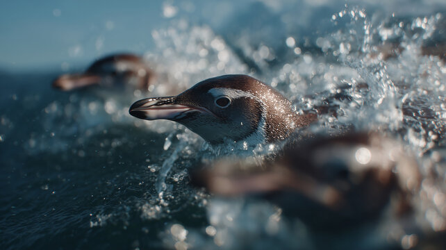 Penguins Diving Through Icy Ocean Waves in Antarctica Wildlife Action Scene