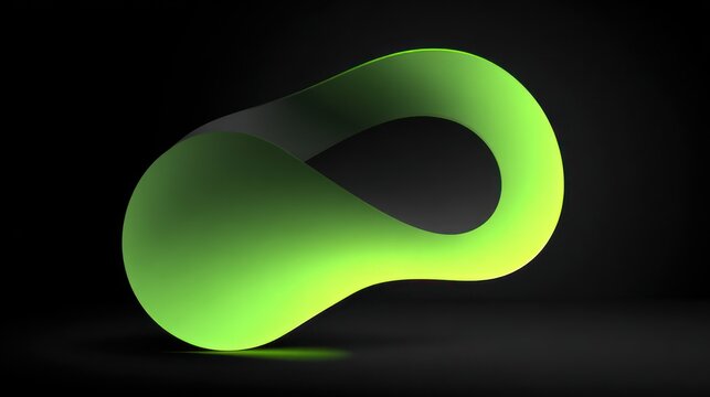 Glowing green abstract mobius strip loop sculpture on dark background