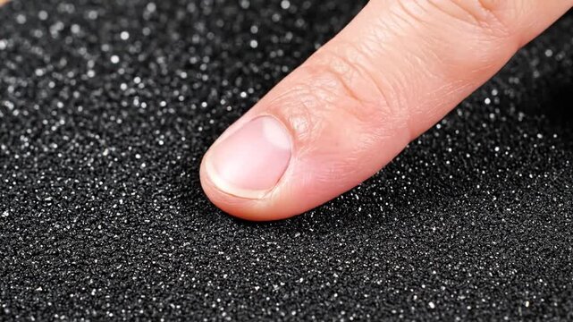 Top-down macro shot of a fingertip making contact with a textured black grip tape surface with fine grit particles