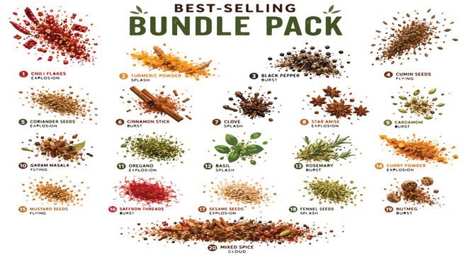 Aromatic spice bundle pack with 20 culinary herbs and seasonings, organic spice powder and dried seeds collection, kitchen cooking ingredients vector