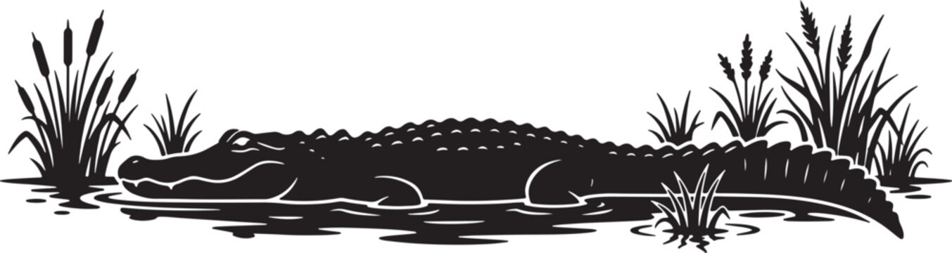 Alligator Silhouette in Swampy Reeds, Reptile Wildlife Vector Art, Black and White Nature Scene