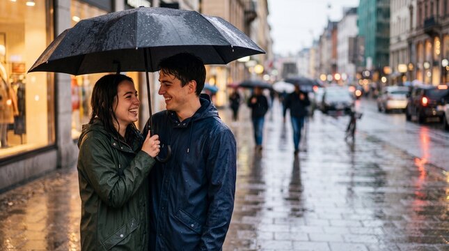 Romantic young couple smiling and sharing an umbrella on a wet city street during a rainy day