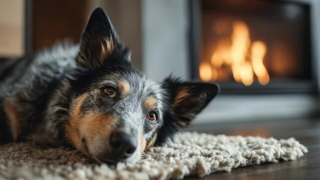 A relaxed dog with black and white fur sleeps peacefully on a soft carpet in front of a cozy fireplace. Warm firelight creates a tranquil and inviting atmosphere indoors
