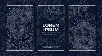 Set of three vertical banners with abstract topographic map contour lines on dark blue background © Saharia