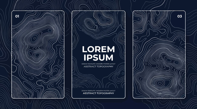 Set of three vertical banners with abstract topographic map contour lines on dark blue background