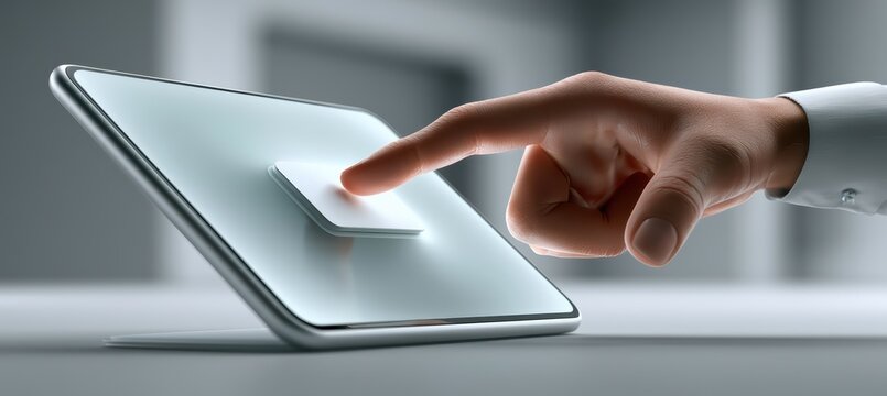 Hand touches digital voting button on plain tablet with clean interface