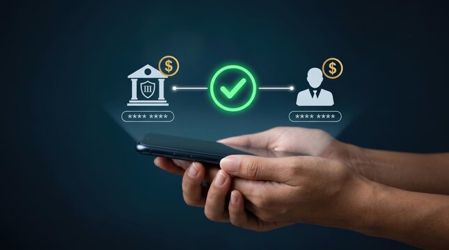 Mobile banking secure payment transaction concept showing bank transfer to user account with verification checkmark on smartphone screen financial app interface.