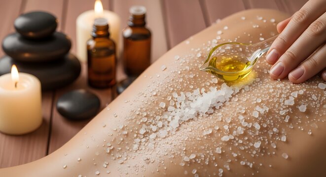 Spa treatment with salt scrub and essential oil on back.