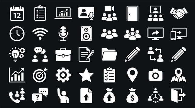  Corporate business training management and remote office work glyph icon set on dark background vector user interface design templates
